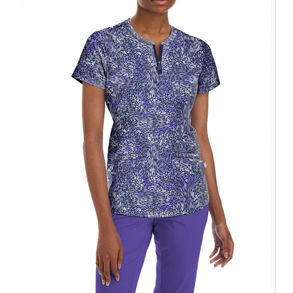 EUC Healing Hands Purple Lapis Women's 3-Pocket Zip Neck Scrub Top